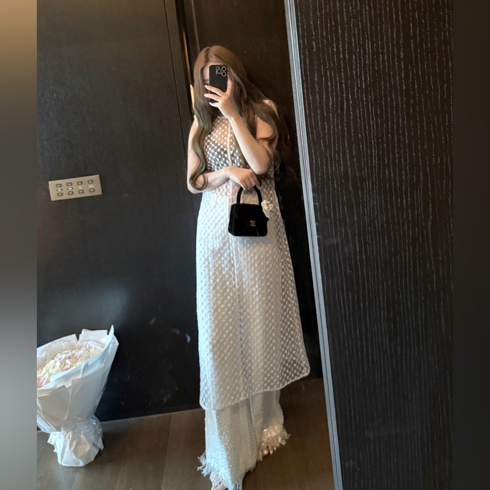 White Floral Embroidered Sheer Mesh Sleeveless Maxi Layering Top Tunic Dress